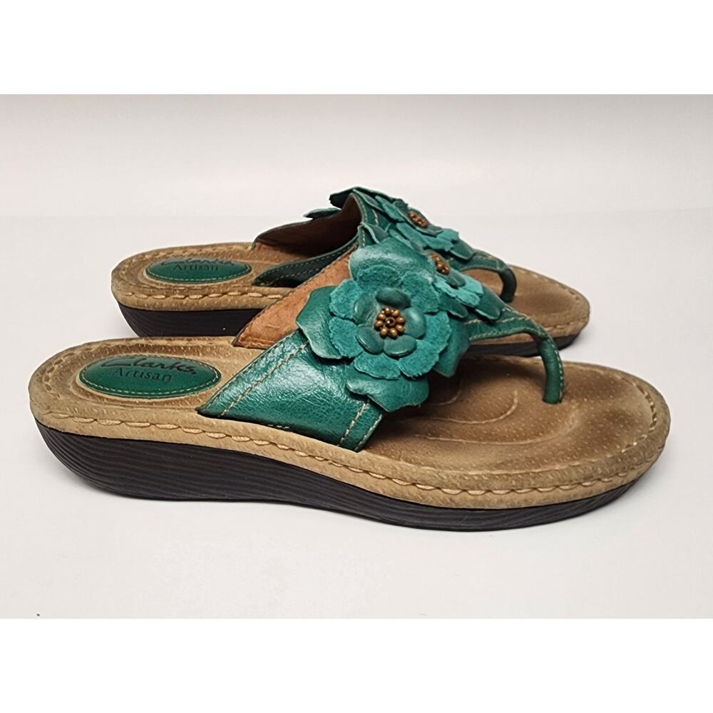 CLARKS Artisan Leather Floral  Embellished Low Wedge Teal Sandals Size 6.5M